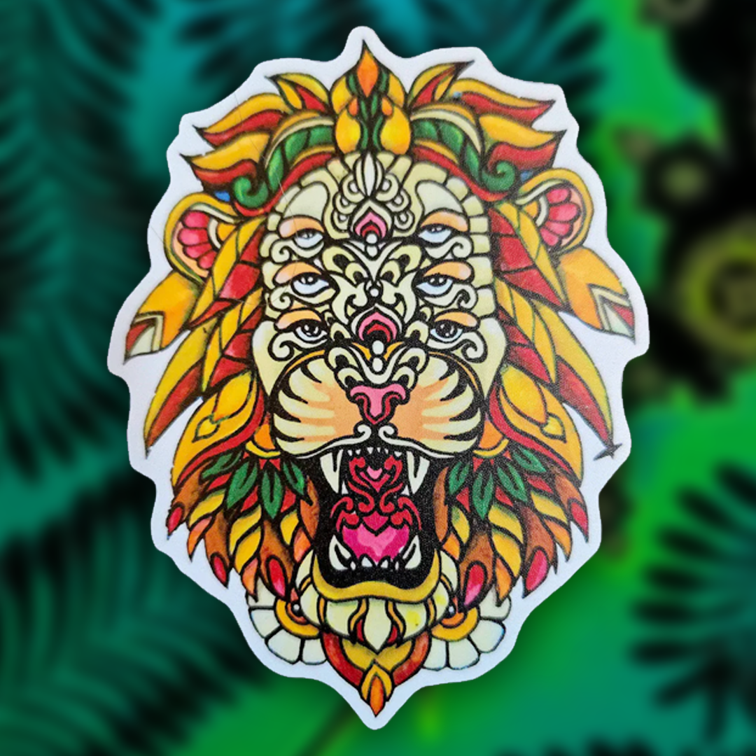 Awaken the Lion sticker by 4into3 showing a six-eyed lion surrounded by sacred geometry on waterproof vinyl