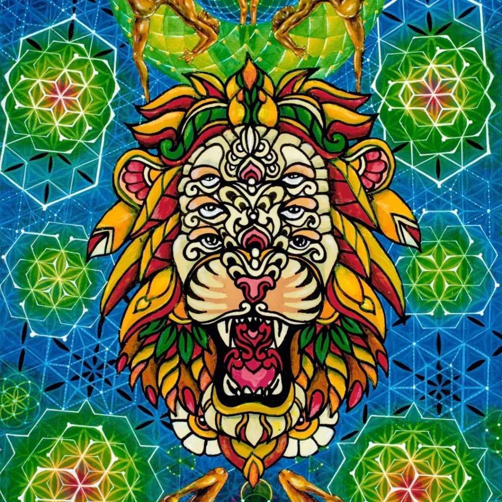 Awaken the Lion visionary art print by 4into3 featuring a six-eyed lion surrounded by sacred geometry and golden feminine forms