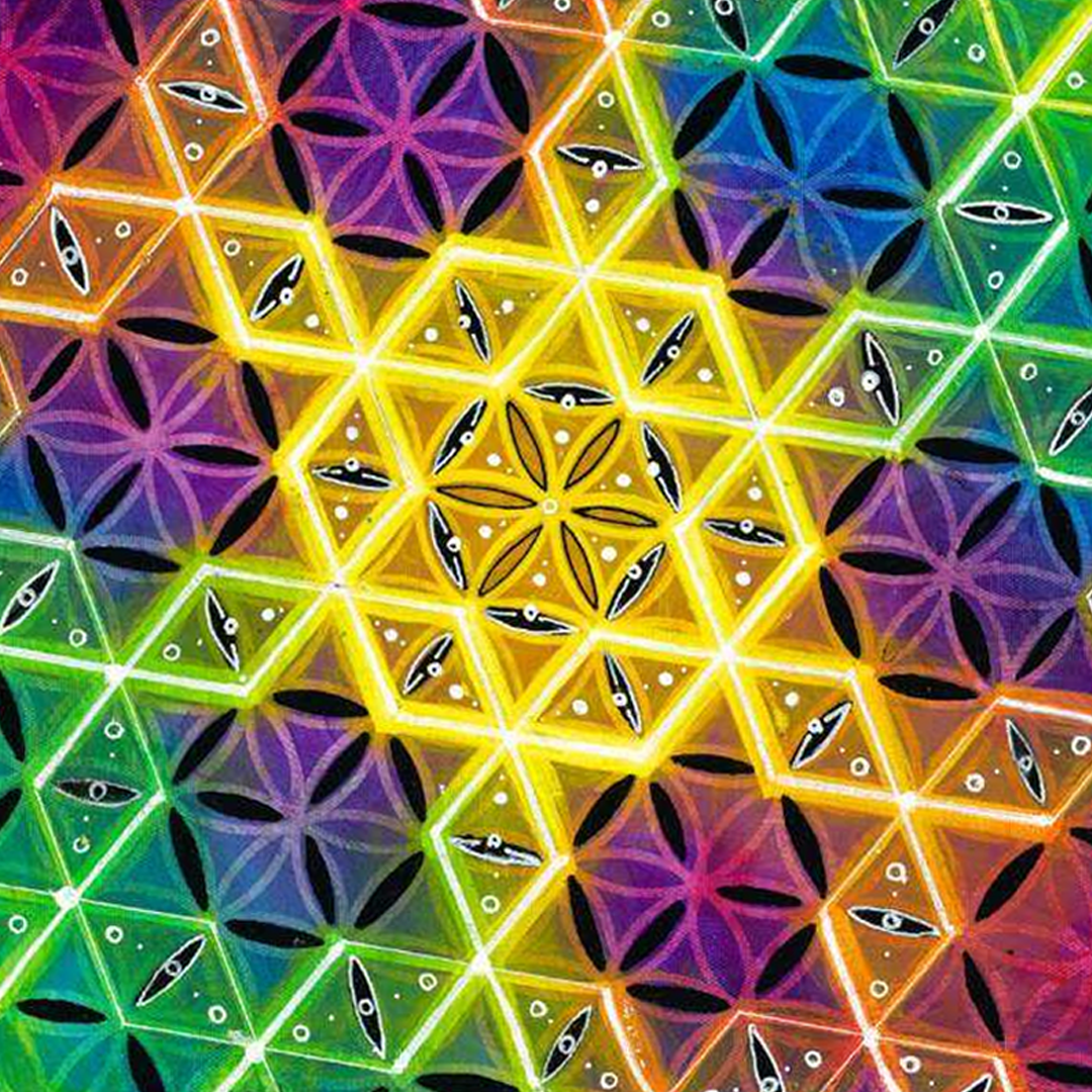 Rainbow Fractal Clearing sacred geometry art print by 4into3 showing hexagons layered over the Flower of Life symbolizing balance and unity