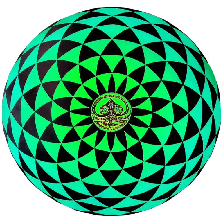 Green tabletop painting inspired by the Flower of Life sacred geometry pattern, created by 4into3